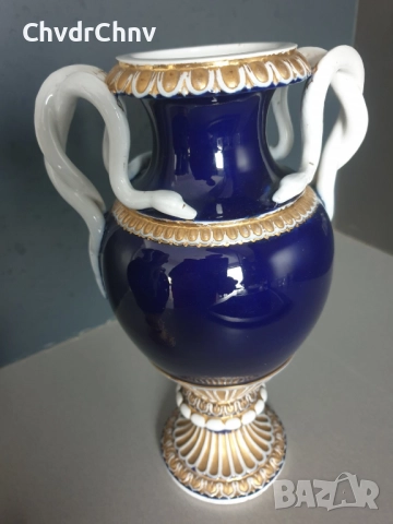 2бр Meissen фигурални вази 28см/стара Майсен порцеланова пиедестална ваза с дръжки-змии/кобалт, снимка 5 - Вази - 52463212