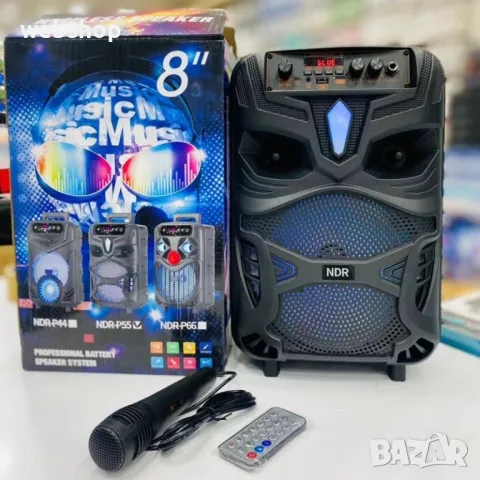 Караоке тонколона NDR-P55, 8", активна, вграден усилвател, 1 жичен микрофон, ДУ, 20W, снимка 1