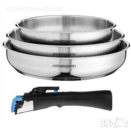 Комплект тигани Arthur Martin 4 части, с подвижна дръжка Inox 18/10, снимка 2 - Съдове за готвене - 52795277