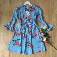 Синя разкроена рокля до коляното с флорални мотиви, на цветя, остро деколте M M/L, снимка 3 - Рокли - 40750354
