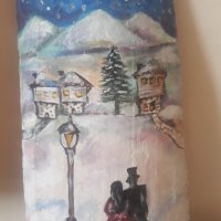 Зимна приказка, керемида с акрилни бои, снимка 2 - Картини - 35113599