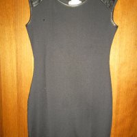  Елегантна дамска права черна рокля с лек ръкав с дантела и кожа, снимка 5 - Рокли - 26536795