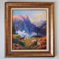 Планински пейзаж с елен и кошути, картина, рамкирана, снимка 1 - Картини - 42976048
