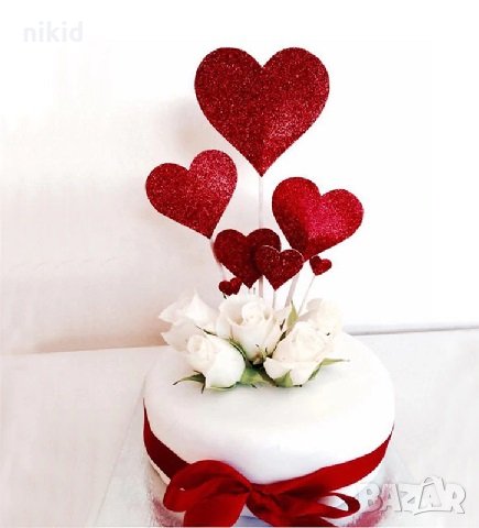 7 червени сърца брокатен картон топери украса за торта Свети Валентин и др., снимка 1