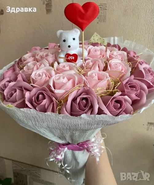 Букет от сапунени рози +мече със сърце , снимка 1