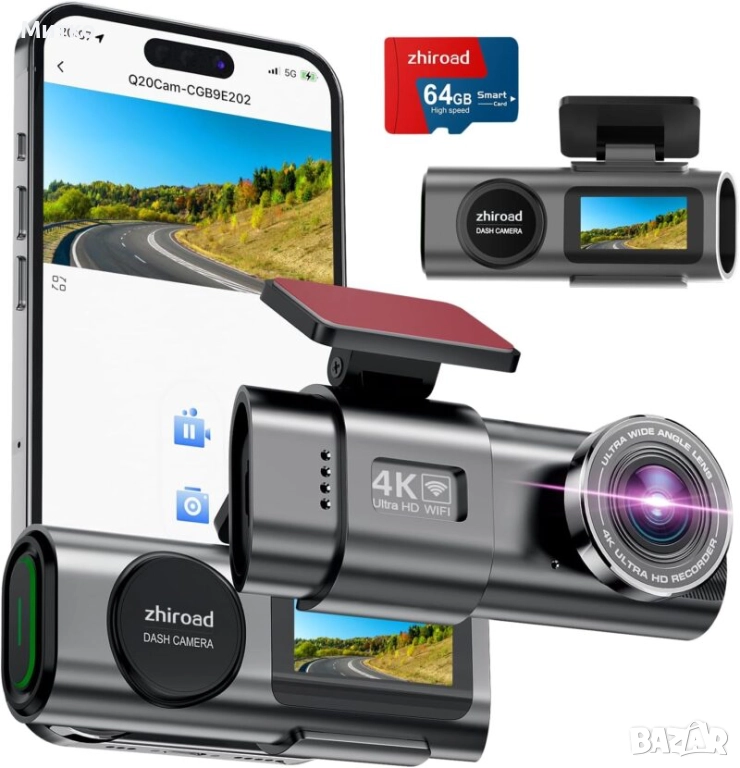 Видеорегистратор Zhiroad Q20S 4K WiFi Dash Cam 64GB SD, снимка 1