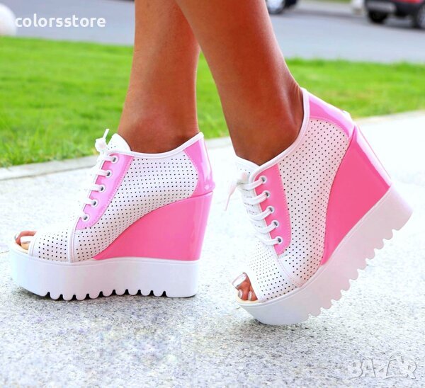 Летни боти на платформа - бяло с розово - K222, снимка 1