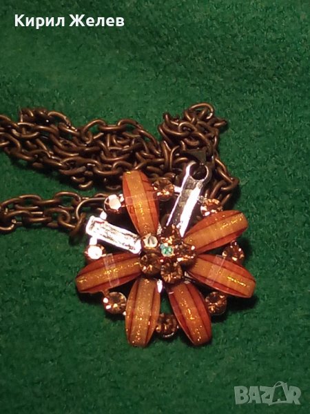 ФЛОРАЛЕН МЕДАЛЬОН - ЦВЕТЕ с ЦИТРИН и ЦВЕТНИ КРИСТАЛИ и ВИНТИДЖ БРОНЗОВА ВЕРИЖКА 25158, снимка 1