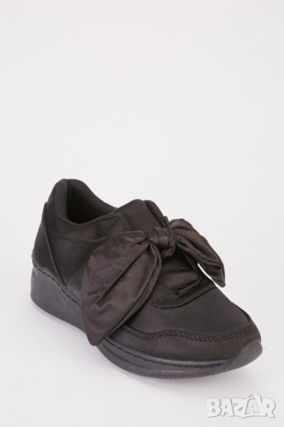 Нови черни сатенени обувки с панделка, снимка 1
