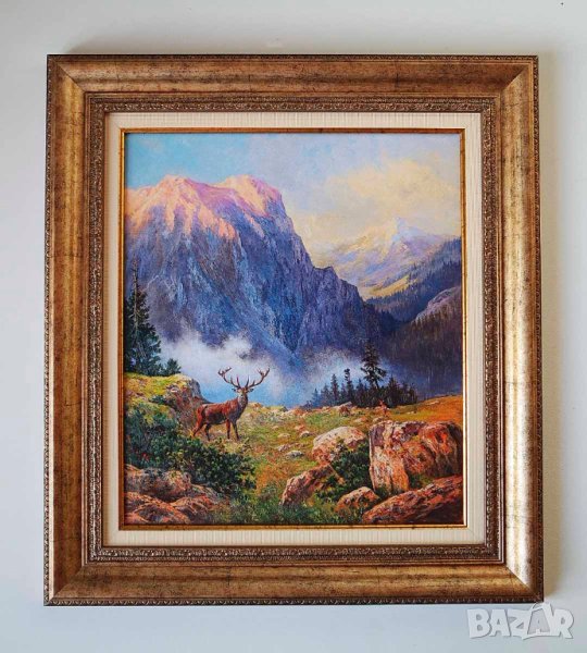 Планински пейзаж с елен и кошути, картина, рамкирана, снимка 1