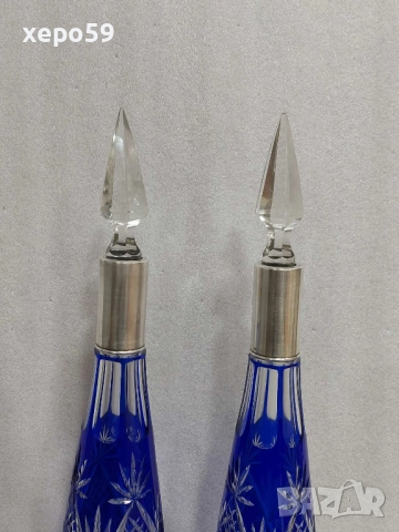  Прекрасни кристални бутилки за ликьор със сребърни гривни''Бохемия кристал-1900 год.сребро 800, снимка 4 - Сервизи - 52815053