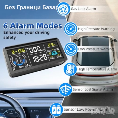 Нова Соларна TPMS система с HD дисплей и 5 аларми за коли и SUV 0-199psi, снимка 4 - Друга електроника - 52273004