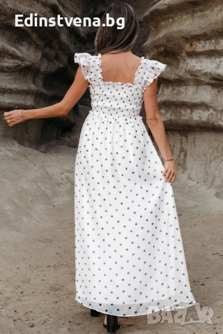 Дамска дълга рокля в бяло с принт на точки, снимка 4 - Рокли - 53124111