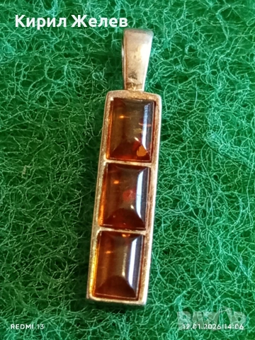 Сребърна висулка с инкрустиран Балтийски кехлибар цвят коняк майсторска изработка 52200, снимка 2 - Колиета, медальони, синджири - 53072741