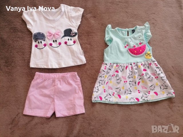 Бебешки лот комплект тениска и панталонки + рокличка, снимка 1 - Комплекти за бебе - 43337048