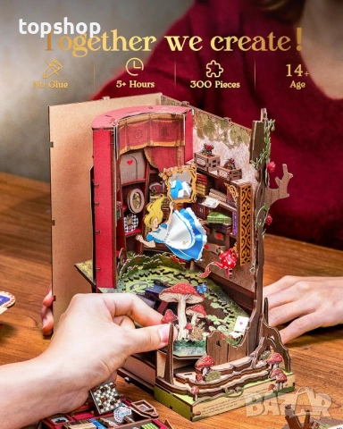 Чисто нов запечатан Rolife Book Nook - Falling into Wonder - Чисто нов 3D дървен пъзел с LED ​..., снимка 5 - Конструктори - 53357519