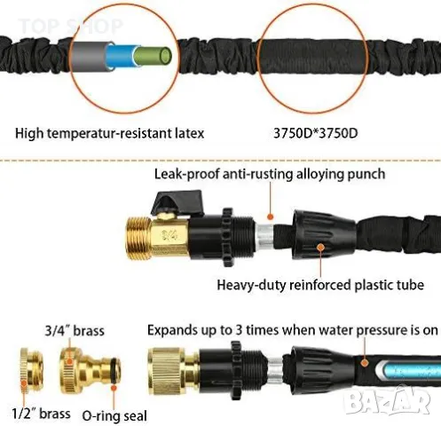 Нов Многофункционален Разтегаем Градински Маркуч 30м с Месингови Фитинги, снимка 5 - Други - 49639483
