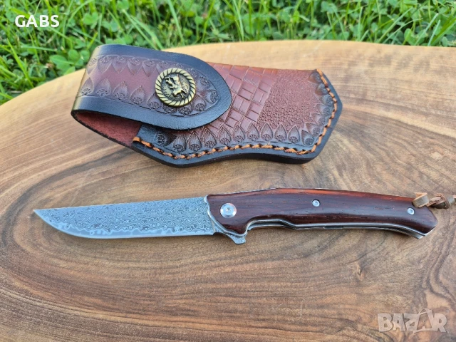 Сгъваем джобен нож дамаска стомана с кожен калъф, снимка 7 - Ножове - 51007128