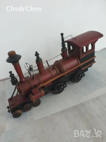 70см-7кг стара дървена фигура-играчка/локомотив-влак/дърво-ковано желязо, снимка 2 - Антикварни и старинни предмети - 50698741