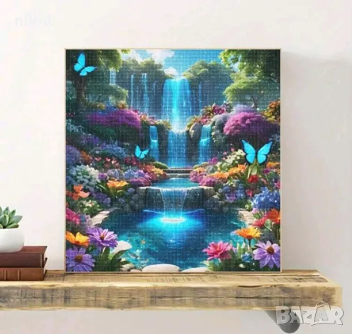 Водопад с цветя 5D гоблен диамантен картина мозайка за направа по схема с камъчета, снимка 6 - Гоблени - 49294295