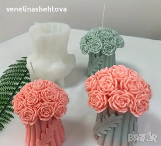 3D Ваза с рози Голям силиконов молд форма за свещи гипс, снимка 4 - Форми - 47533408