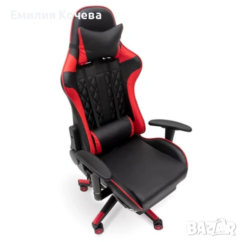 Ергономичен геймърски стол с функция за масаж и подложка за крака - червен, снимка 3 - Столове - 53236970