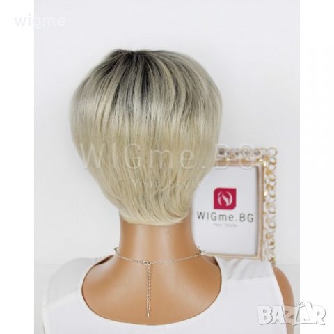Къса руса перука с черни корени и бретон Меган, снимка 4 - Аксесоари за коса - 33015153