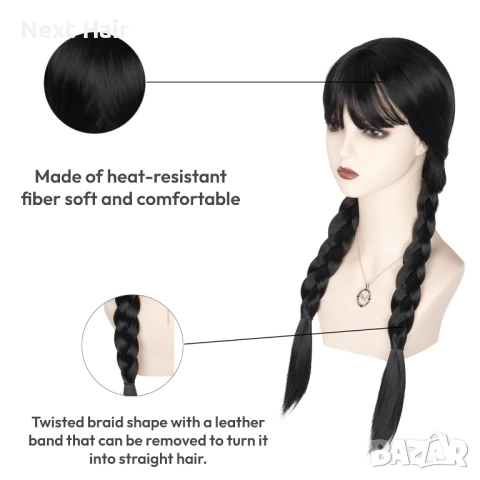 65 см черна аниме перука с две плитки и бретон, снимка 6 - Аксесоари за коса - 52049423