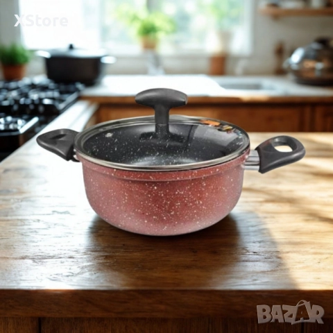 Тенджера Rosberg, 22 см, 4.3 л, Мраморно незалепващо покритие, Индукция, Бордо Меланж, снимка 4 - Съдове за готвене - 52507453