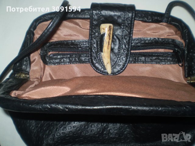 Ретро кожена чанта закопчалка кост и единична  дръжка черен  цвят   естествена кожа, снимка 4 - Чанти - 37367474