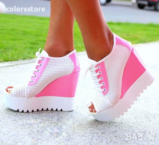 Летни боти на платформа - бяло с розово - K222