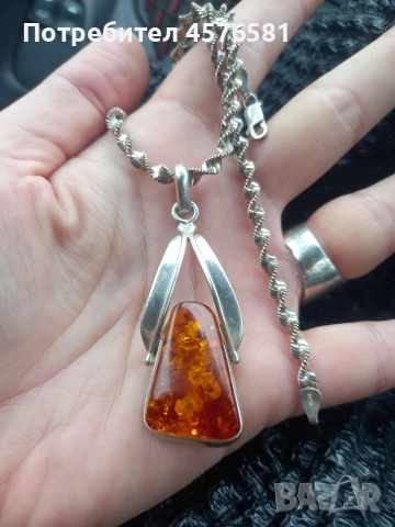 масивно колие с висулка кехлибар сребро 925, снимка 2 - Колиета, медальони, синджири - 52669352