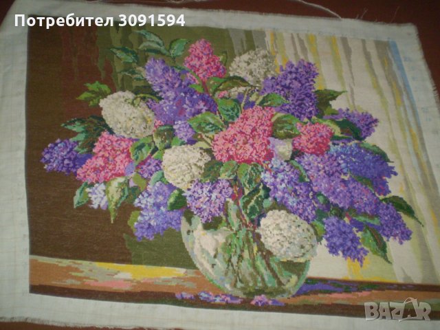 Голям ръчно ушит-бродиран гоблен ваза със цветя, снимка 4 - Гоблени - 35234000