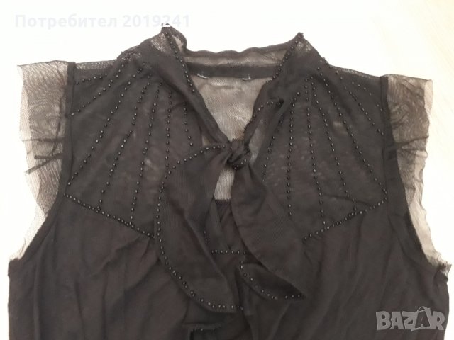 Черна блуза с дантела и перли , снимка 1 - Тениски - 28354365