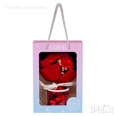 Подаръчен комплект "Обичам те" букет от вечни цветя и чаша в луксозна кутия