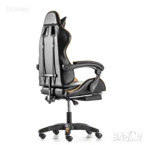 Черен геймърски стол с златисти акценти и разтегляема поставка за крака , снимка 4 - Столове - 53238169