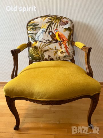 Двойка антикварни кресла ТРОПИКАНА в стил Луи XV, обновени с жизнерадостни папагали, снимка 6 - Антикварни и старинни предмети - 43356269