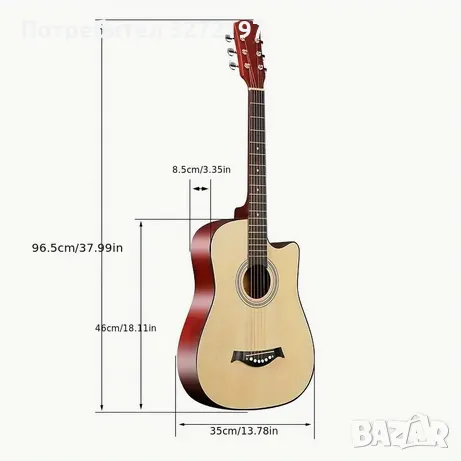 Комплект акустична китара, панел от липа с матово покритие, 18 прага, ABS гайка, включва чанта и др., снимка 2 - Китари - 49194246