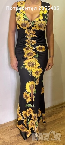 Рокля със слънчогледи дълга, снимка 2 - Рокли - 52025588
