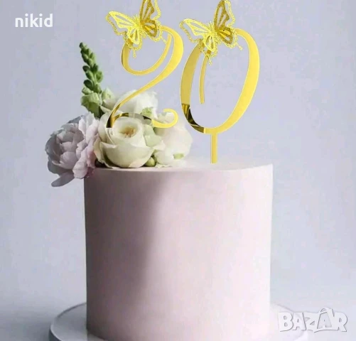 едра Златна цифра число с пеперуда твърд Акрил пластмаса топер торта мъфин украса рожден ден юбилей, снимка 3 - Други - 51086868