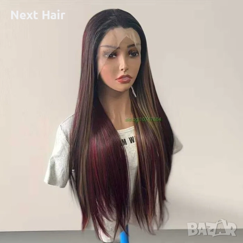 Омбре перука с дантела екстравагантен микс от червени и руси кичури, снимка 8 - Аксесоари за коса - 52909621