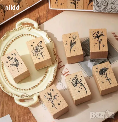 12 бр цветя цвете гумирани дървени печати печата цветя за бисквитки картички и др украса, снимка 2 - Други - 49885909