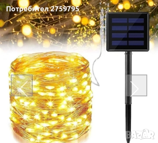 НОВО.Соларни LED медни лампички – водоустойчиви, 12 м. 