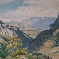 Стар Алпийски пейзаж на худ. Eugen Nell от 1951 г., снимка 10 - Антикварни и старинни предмети - 44003465