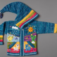 Синя перуанска детска жилетка с елфска качулка, размери от 0 до 7 години , снимка 1 - Детски пуловери и жилетки - 35537592