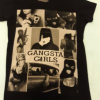 Гъзарска тениска черна с принт GANGSTA-GIRLS и мадами-гангстери.Изчистен черен гръб. , снимка 15 - Тениски - 37416330