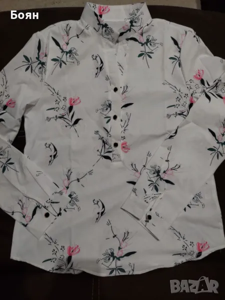  Дамска бяла риза с шарки, снимка 1