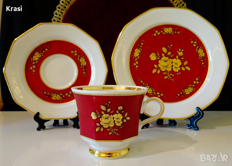 Чаша с чинии баварски порцелан,злато,рози,рубин. , снимка 1