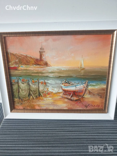 Димитър Генев 33x27см/малка българска картина масло върху платно/морски пейзаж/рибарски лодки-фар, снимка 1