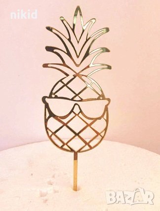 Ананас златен твърд акрил топер украса за торта парти рожден ден хаваи, снимка 1